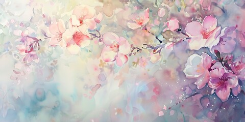 Watercolor banner, spring blossom cascade, soft pastels, morning dew, wide format. 