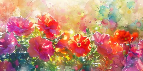 Oil painting effect, Floral watercolor, summer garden bloom, vibrant hues, sunlit, panoramic banner. 