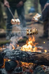 Frying marshmallow in forest with friends. Vertical image. Camping vacations concept
