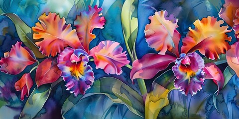 Exotic orchids, watercolor banner, deep jewel tones, twilight mystery, wide allure. 
