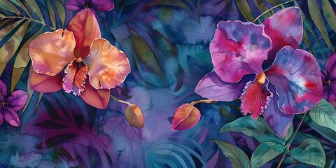 Exotic orchids, watercolor banner, deep jewel tones, twilight mystery, wide allure.