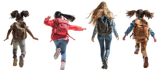 Back view of different ethnicities and ages school girls running over isolated white transparent background