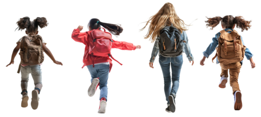 Back view of different ethnicities and ages school girls running over isolated white transparent background