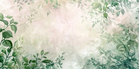 Spring awakening, watercolor banner, fresh greens and soft pinks, dewy morning, wide view.  - obrazy, fototapety, plakaty