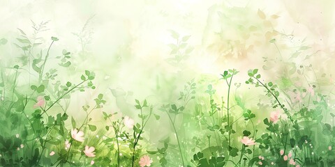 Spring awakening, watercolor banner, fresh greens and soft pinks, dewy morning, wide view. 