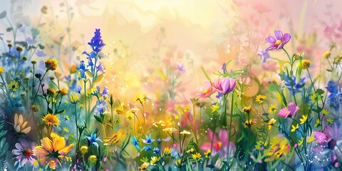 Obraz na płótnie Canvas Watercolor banner, spring meadow, wildflowers in bloom, vibrant hues, sunrise glow, wide format. 
