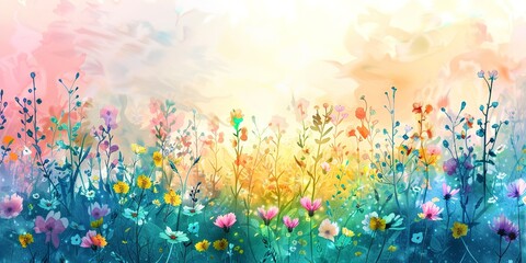 Watercolor banner, spring meadow, wildflowers in bloom, vibrant hues, sunrise glow, wide format. 