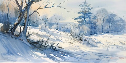 Banner, melting snow, watercolor, crisp blues and whites, hints of green, dawn light, panoramic. 