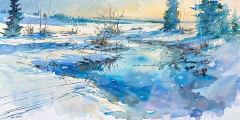 Banner, melting snow, watercolor, crisp blues and whites, hints of green, dawn light, panoramic. - obrazy, fototapety, plakaty