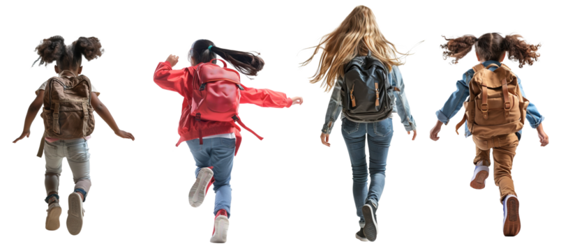 Back view of different ethnicities and ages school girls running over isolated white transparent background - Powered by Adobe