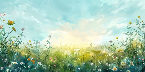 Watercolor banner, summer meadow, wildflowers under clear skies, midday sun, wide landscape. 