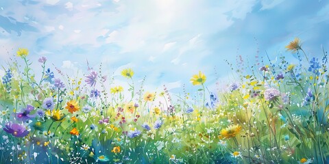 Watercolor banner, summer meadow, wildflowers under clear skies, midday sun, wide landscape.