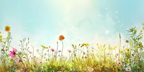 Obraz na płótnie Canvas Watercolor banner, summer meadow, wildflowers under clear skies, midday sun, wide landscape. 