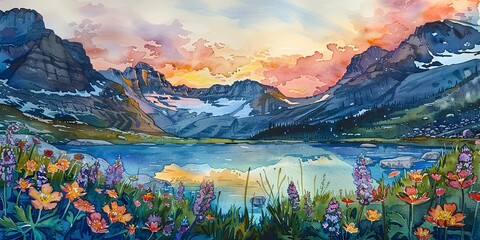 Banner, mountain summer, watercolor, alpine flowers, melting snow streams, dawn light, panoramic.  - obrazy, fototapety, plakaty