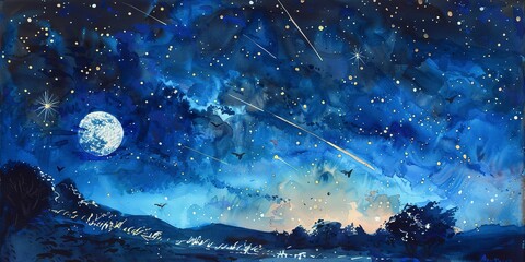 Watercolor, summer night sky, banner, soft galaxy, shooting stars, gentle moonlight, wide scene.
