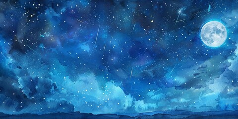 Watercolor, summer night sky, banner, soft galaxy, shooting stars, gentle moonlight, wide scene.  - obrazy, fototapety, plakaty