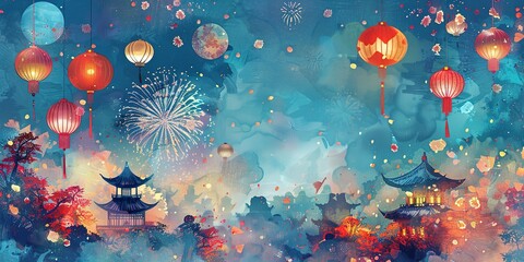Fototapeta na wymiar Summer festival, watercolor banner, fireworks and lanterns, twilight sparkle, wide excitement. 