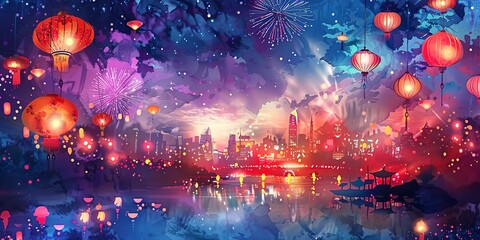 Fototapeta premium Summer festival, watercolor banner, fireworks and lanterns, twilight sparkle, wide excitement.