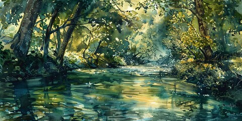 Banner, lazy river, watercolor, dappled light through trees, gentle flow, noon, wide tranquility. 