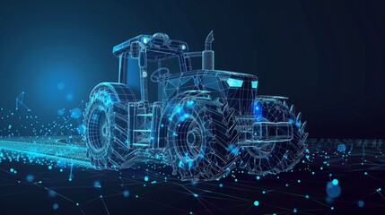 A farm tractor concept in 3D vector illustration is presented in a wireframe style, separating visible and invisible lines to highlight technology in agriculture - obrazy, fototapety, plakaty