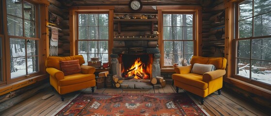Naklejka premium Cozy Cabin Retreat with Warm Hearth and Rustic Charm. Concept Rustic Decor, Cabin Vibes, Fireplace Setting, Cozy Retreat, Warm Hearth
