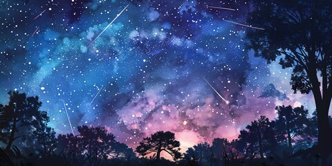 Obraz premium Watercolor, summer night sky, banner, soft galaxy, shooting stars, gentle moonlight, wide scene. 