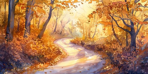 Watercolor banner, winding fall road, leaves swirling, soft shadows, golden hour, wide journey. 