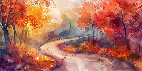 Watercolor banner, winding fall road, leaves swirling, soft shadows, golden hour, wide journey.