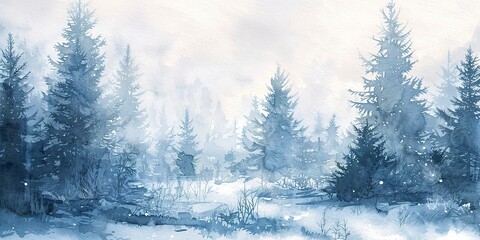 Watercolor banner, snowy forest at dawn, soft blues and whites, morning silence, wide view. 