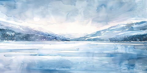 Watercolor banner, frozen lake, icy blues, distant mountains, midday light, wide tranquility. 5