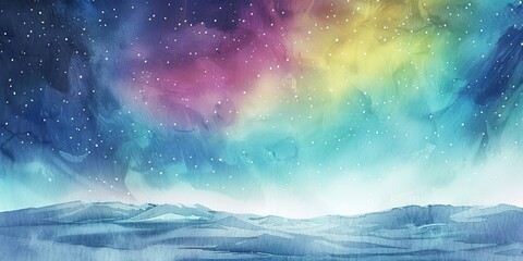 Northern lights, watercolor, vibrant auroras over snow, night sky, panoramic banner. - obrazy, fototapety, plakaty