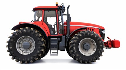 A red agricultural tractor is vividly depicted isolated on a white background, perfectly suited for clear and focused displays