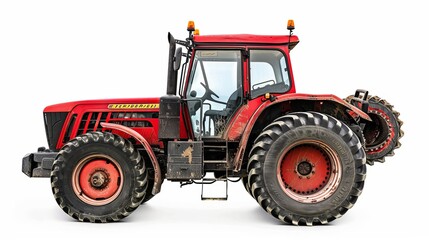 A red agricultural tractor is vividly depicted isolated on a white background, perfectly suited for clear and focused displays