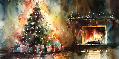 Banner, Christmas tree, watercolor, ornaments shimmer, soft fireplace glow, evening, wide warmth. 