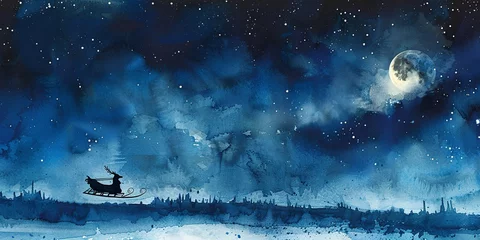 Fotobehang Watercolor banner, Santaâ€™s sleigh silhouette, moonlit ride, night sky, wide, magical journey.  © Thanthara