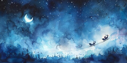 Watercolor banner, Santaâ€™s sleigh silhouette, moonlit ride, night sky, wide, magical journey.  - obrazy, fototapety, plakaty
