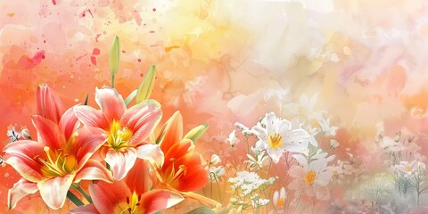 Fototapeta na wymiar Banner, blooming spring flowers, watercolor, Easter lilies and tulips, golden hour, panoramic beauty.