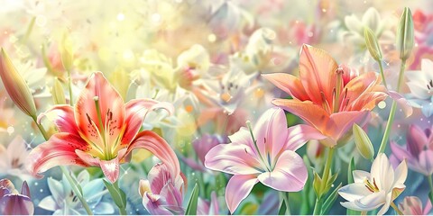 Fototapeta premium Banner, blooming spring flowers, watercolor, Easter lilies and tulips, golden hour, panoramic beauty. 
