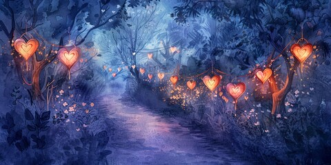 Obraz premium Watercolor banner, path lined with heart lanterns, twilight, inviting journey, wide, enchanting love. 