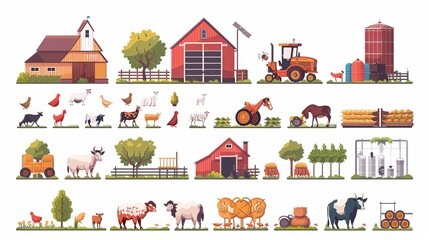 An agriculture and livestock icons set includes agricultural machinery, buildings, farm animals, and tractors, providing comprehensive farming industry signs in isolated vector illustrations