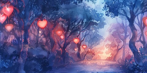 Watercolor banner, path lined with heart lanterns, twilight, inviting journey, wide, enchanting love. 