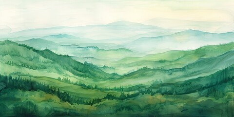 Watercolor banner, rolling Irish hills, lush greens, morning mist, sunrise, panoramic celebration. 