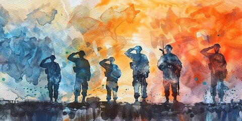 Watercolor banner, veterans saluting, faded uniforms, solemn pride, sunrise, wide honor.