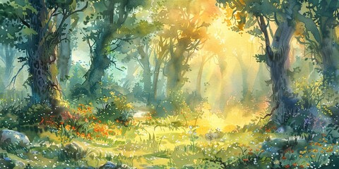 Banner, fairy ring in forest, watercolor, magical glade, twilight glow, wide enchantment. - obrazy, fototapety, plakaty