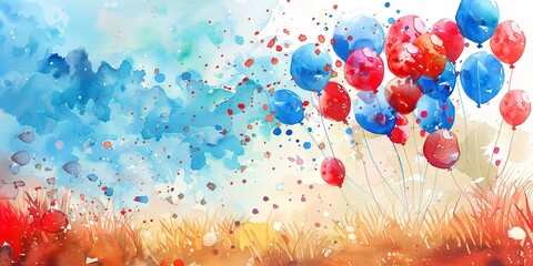Banner, picnic in the park, watercolor, red, white, and blue balloons, gentle breeze, wide, leisurely celebration.