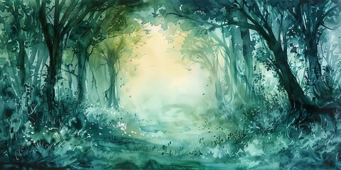 Banner, fairy ring in forest, watercolor, magical glade, twilight glow, wide enchantment. 