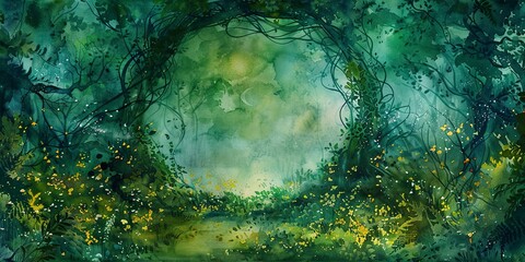 Banner, fairy ring in forest, watercolor, magical glade, twilight glow, wide enchantment.  - obrazy, fototapety, plakaty