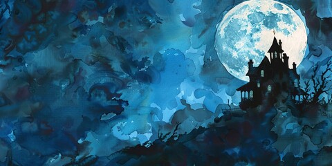 Fototapeta na wymiar Watercolor banner, haunted mansion silhouette, full moon backdrop, midnight blue, wide eerie glow.