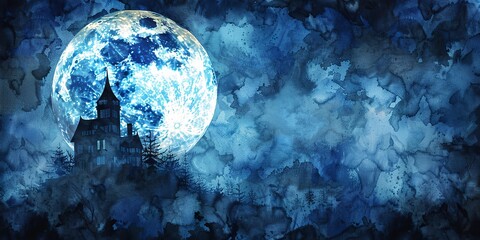 Watercolor banner, haunted mansion silhouette, full moon backdrop, midnight blue, wide eerie glow. 