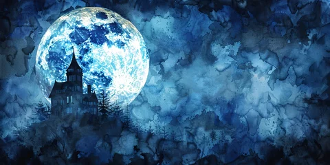 Fotobehang Watercolor banner, haunted mansion silhouette, full moon backdrop, midnight blue, wide eerie glow.  © Thanthara